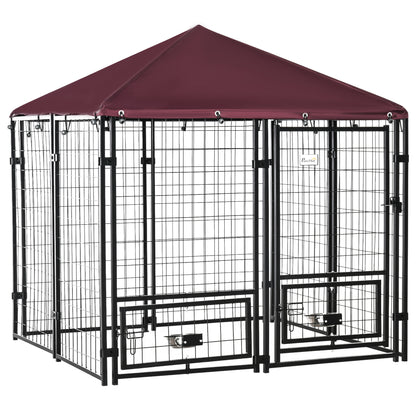 Outdoor Dog Kennel, Lockable Pet Playpen Crate, Welded Wire Steel Fence, Rotating Bowl Holders, Red
