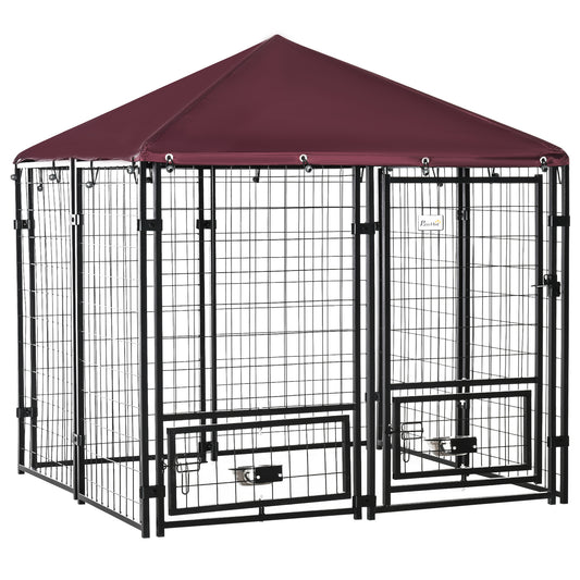 Outdoor Dog Kennel, Lockable Pet Playpen Crate, Welded Wire Steel Fence, Rotating Bowl Holders, Red