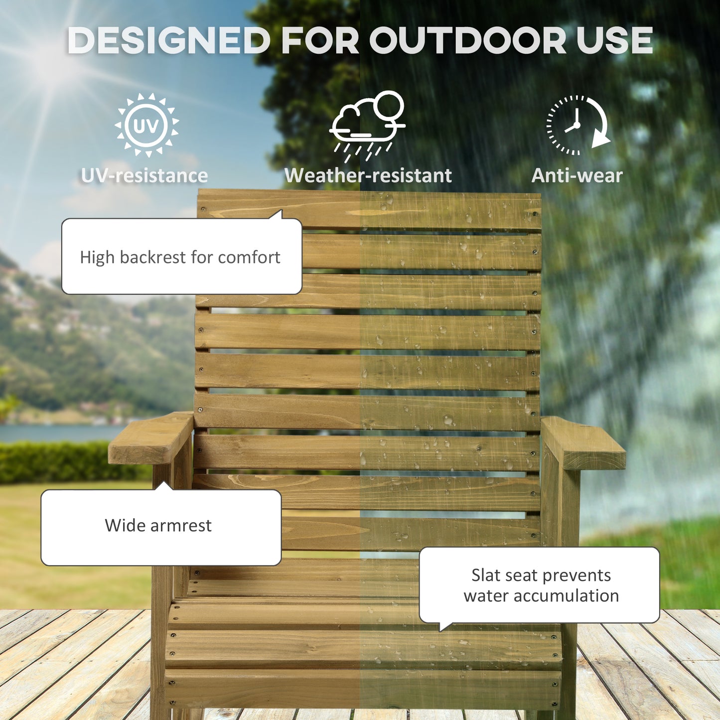 Wooden Outdoor Rocking Chair, Patio Traditional Rocking Chair, Slatted Structure Porch Rocker w/ Armrest for Both Outdoo