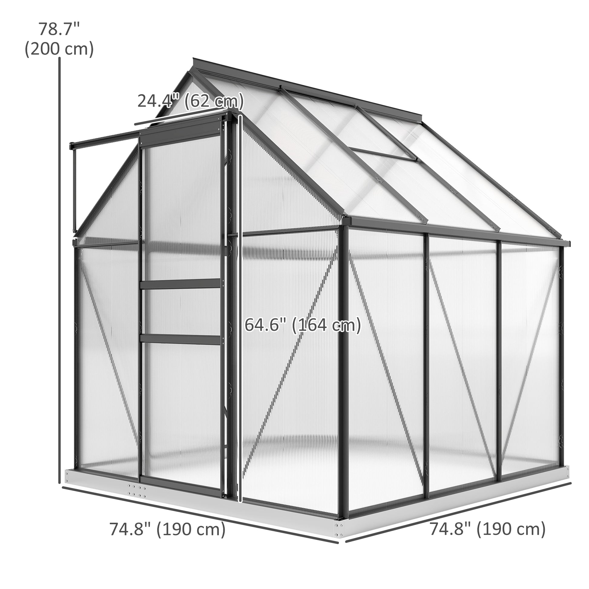 6' x 6' x 6.5' Polycarbonate Greenhouse, Walk-in Green House with Adjustable Roof Vent Galvanized Base Sliding Door Rain