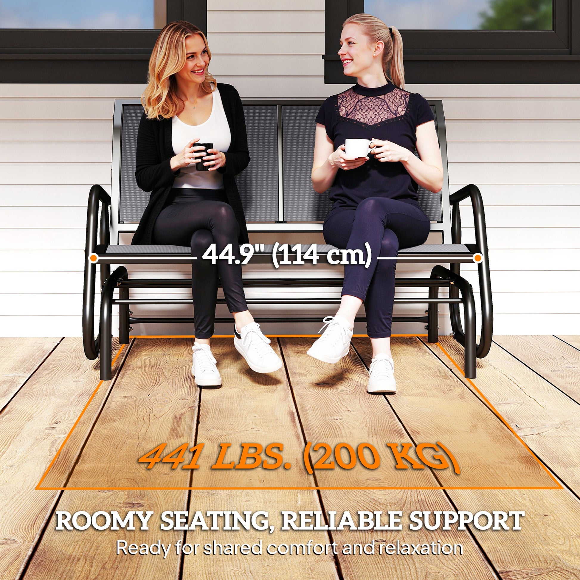 Patio Double Glider Outdoor Steel Sling Fabric Gliding Bench Garden Swing Chair Heavy-Duty Porch Rocker Garden Loveseat 
