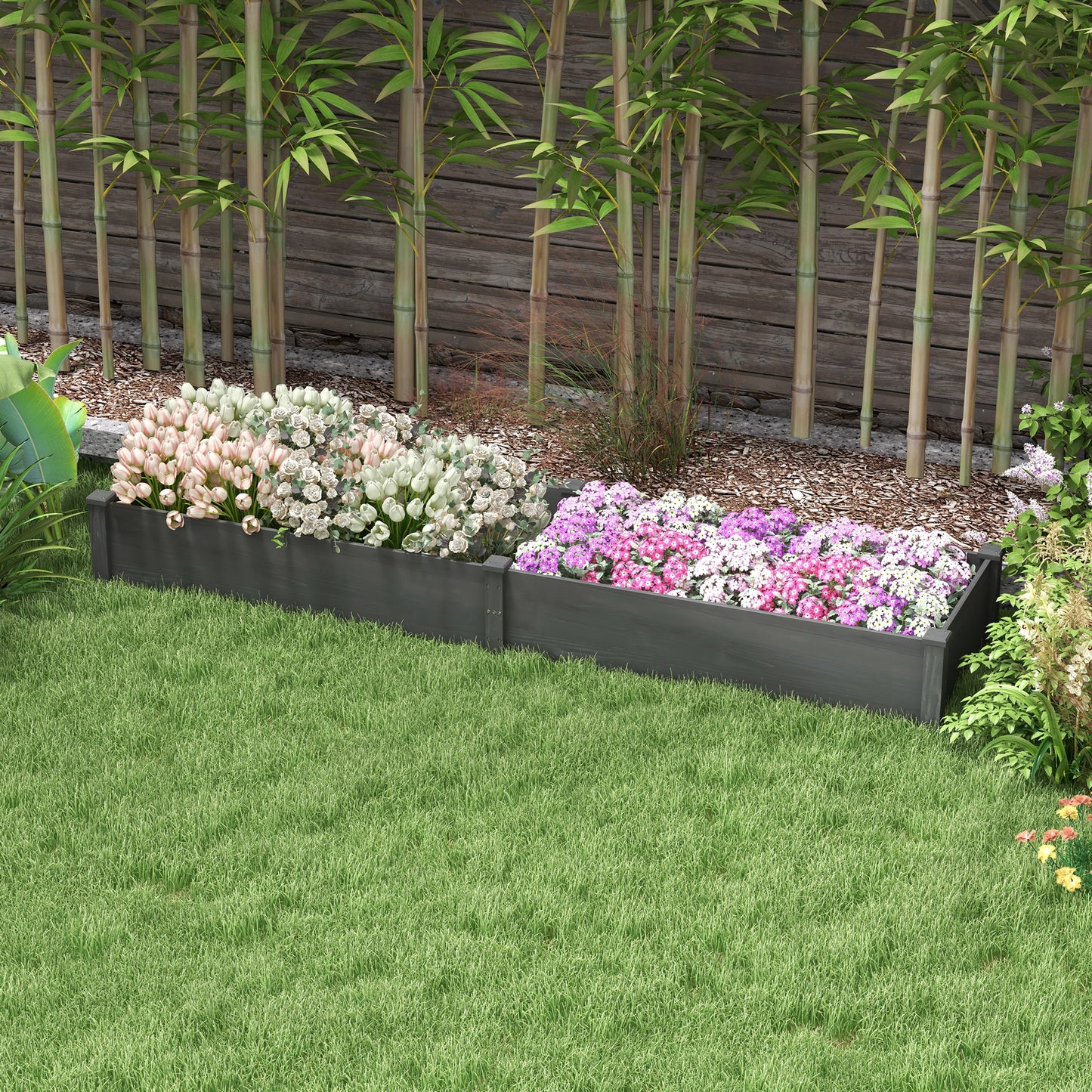 Garden Bed with 2 Planter Box and Non-woven Fabric Liner for Backyard, Patio, 96" x 24" x 10", Grey