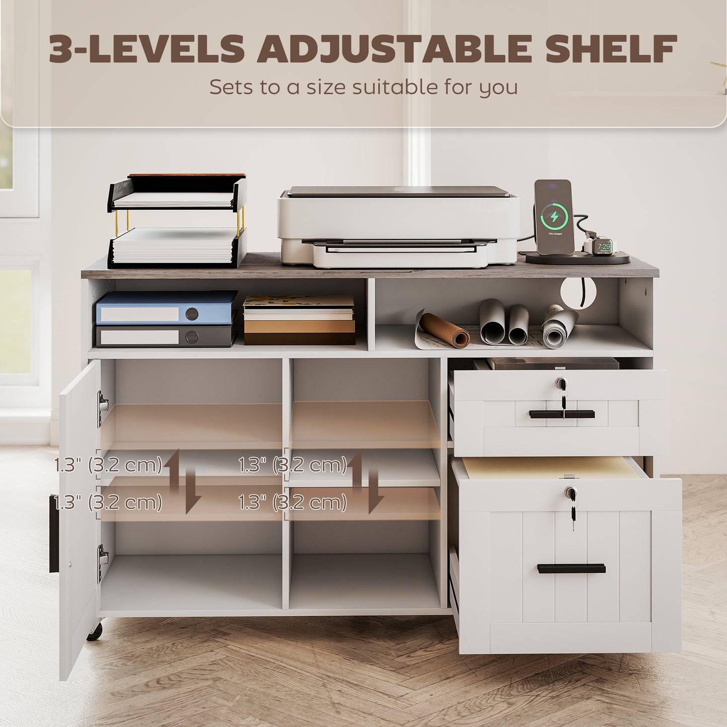Mobile Printer Stand with Charging Station and USB Ports, Locking Filing Cabinet for A4 and Letter Size, White