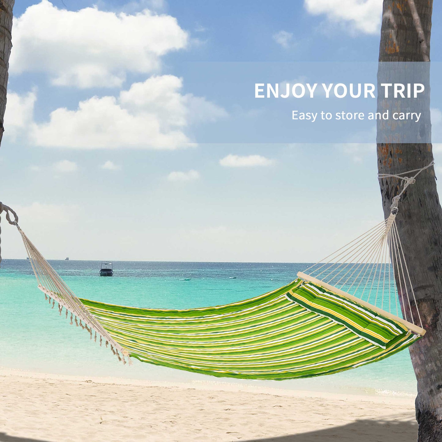 75" Patio Outdoor Hammock, Striped Camping Hammock Lounge Bed Garden w/ Pillow, Green