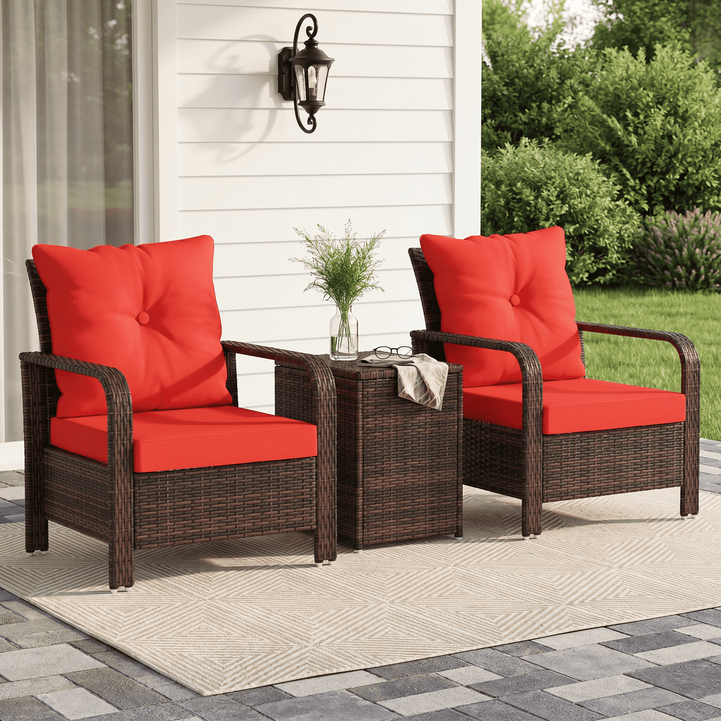 3 Pieces Wicker Patio Furniture Set, Rattan Bistro Set with Storage Coffee Table and Thickened Cushions, Outdoor Convers