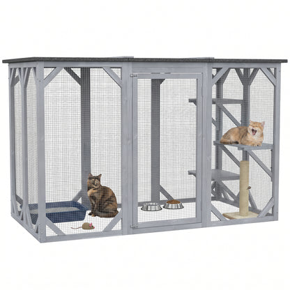 44.1" H Cat Cage, Indoor Outdoor Wooden Enclosure Pet House, Small Animal Cage Hutch, Suitable for Rabbit, Dogs, Kitten,