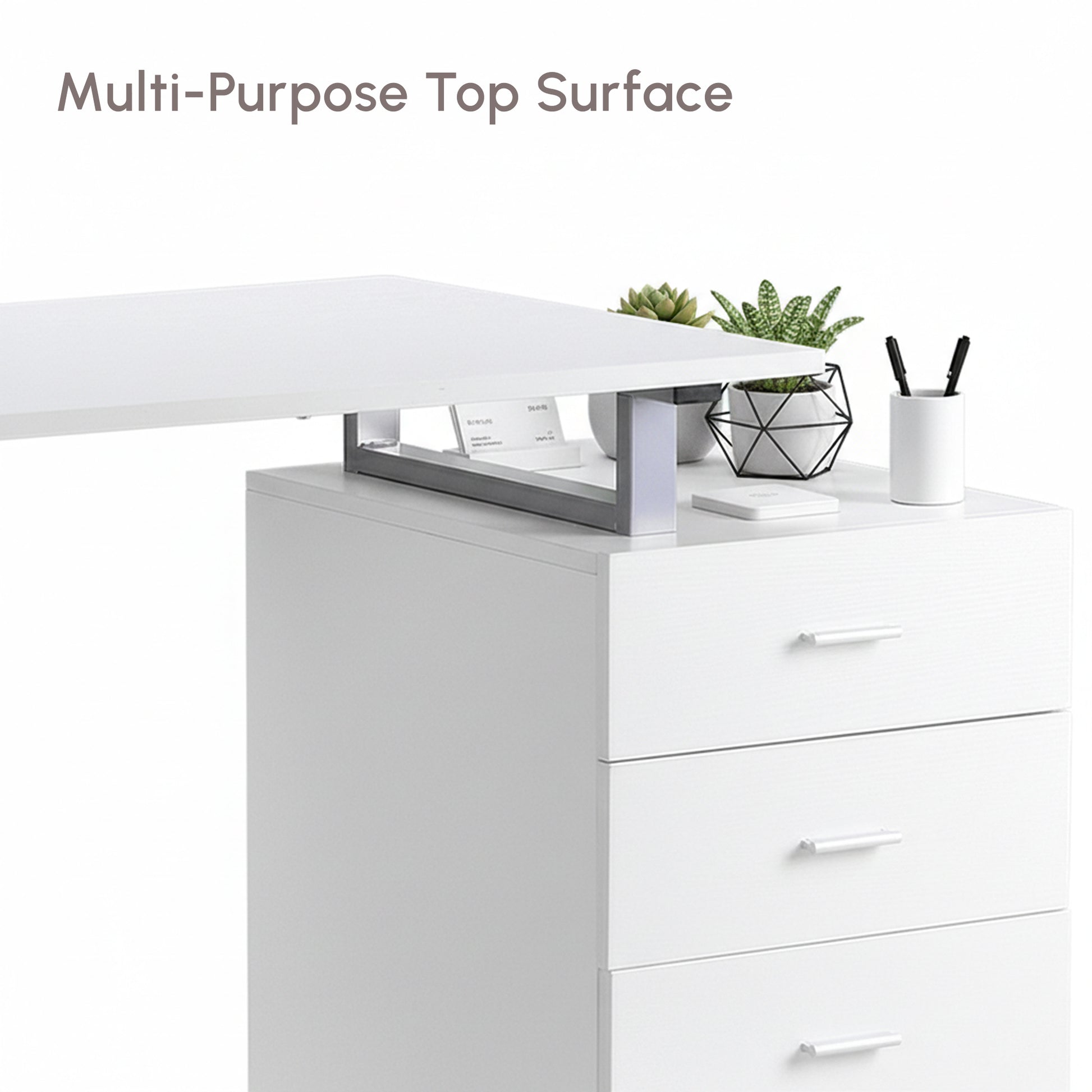 47" Computer Desk Writing Table Workstation with Multi-Use Reversible File Drawers Metal Frame Home Office Furniture, Wh