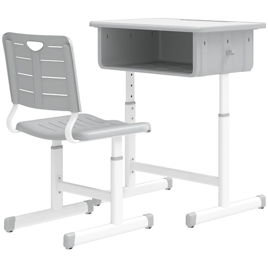 Qaba Kids Desk and Chair Set, Height Adjustable Children Study Desk and Chair with Drawer, Study Table for Bedroom, Grey