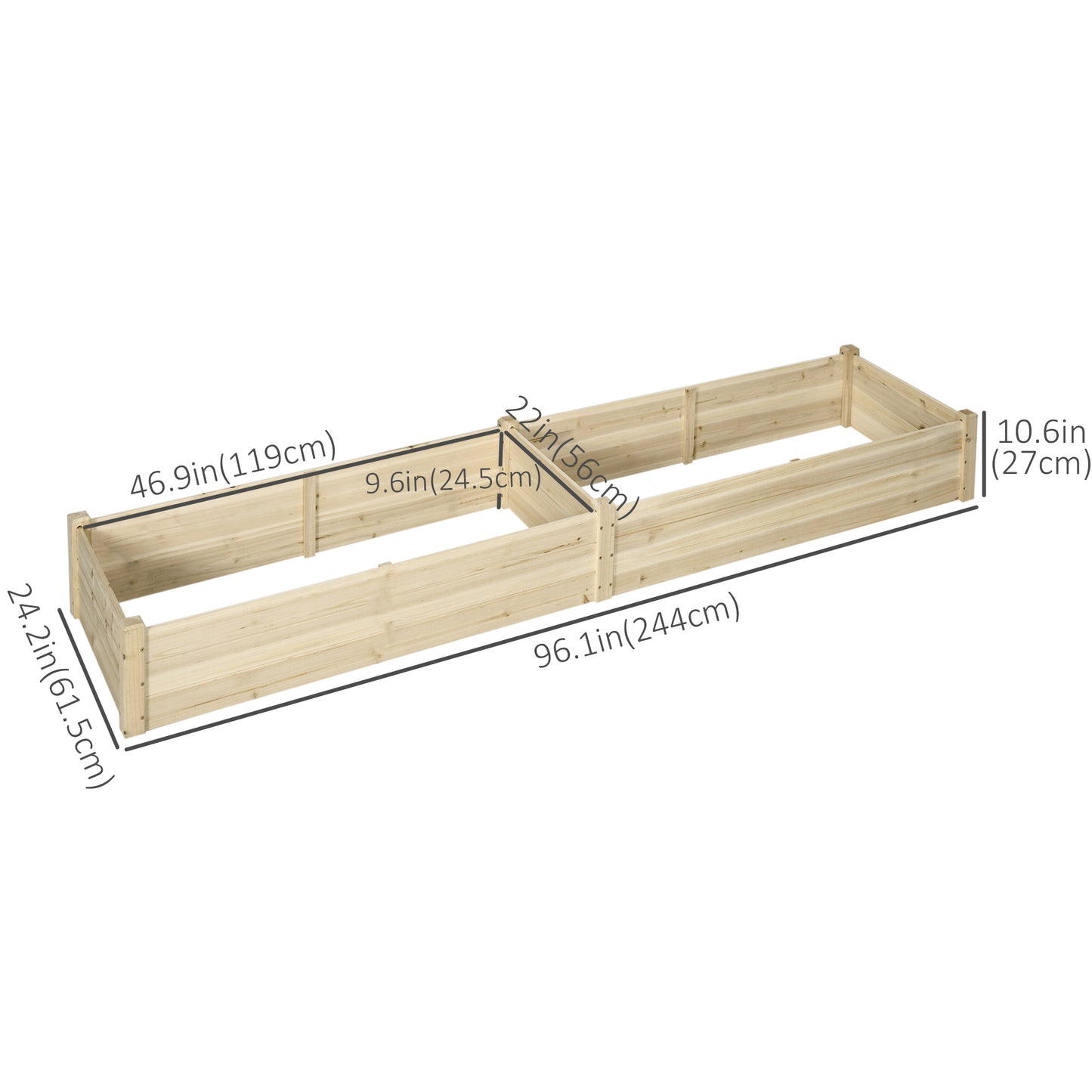 96" x 24" x 10" Wooden Raised Garden Bed with 2 Planter Box and Non-woven Fabric Liner for Backyard, Patio to Grow Veget