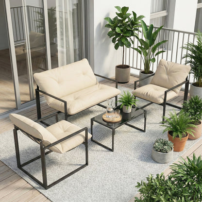 4 Piece Outdoor Furniture Set, Patio Conversation Set with Tempered Glass Table, Loveseat, 2 Chairs and Cushions, Beige