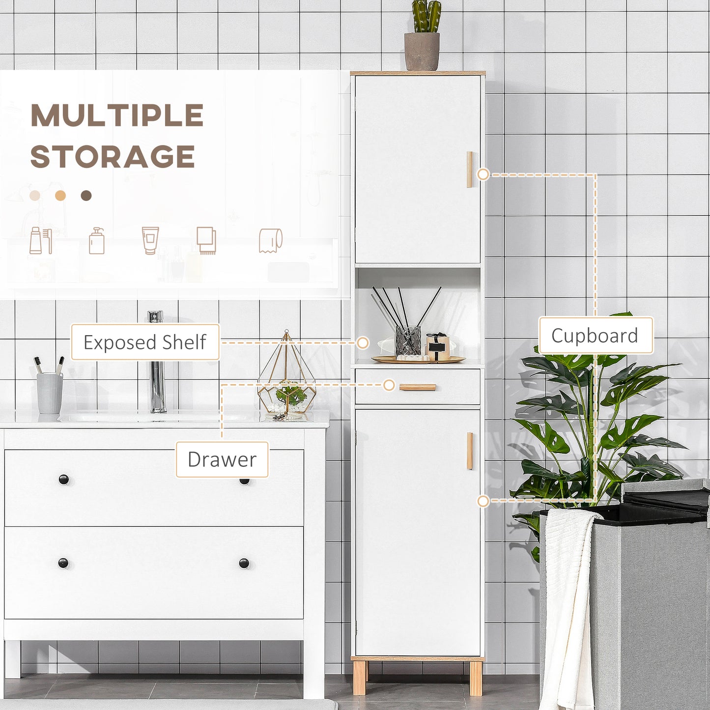 Bathroom Storage Cabinet with Cupboards and Drawer, Floor Free Standing Linen Tower, Tall Slim Side Organizer Shelves, W