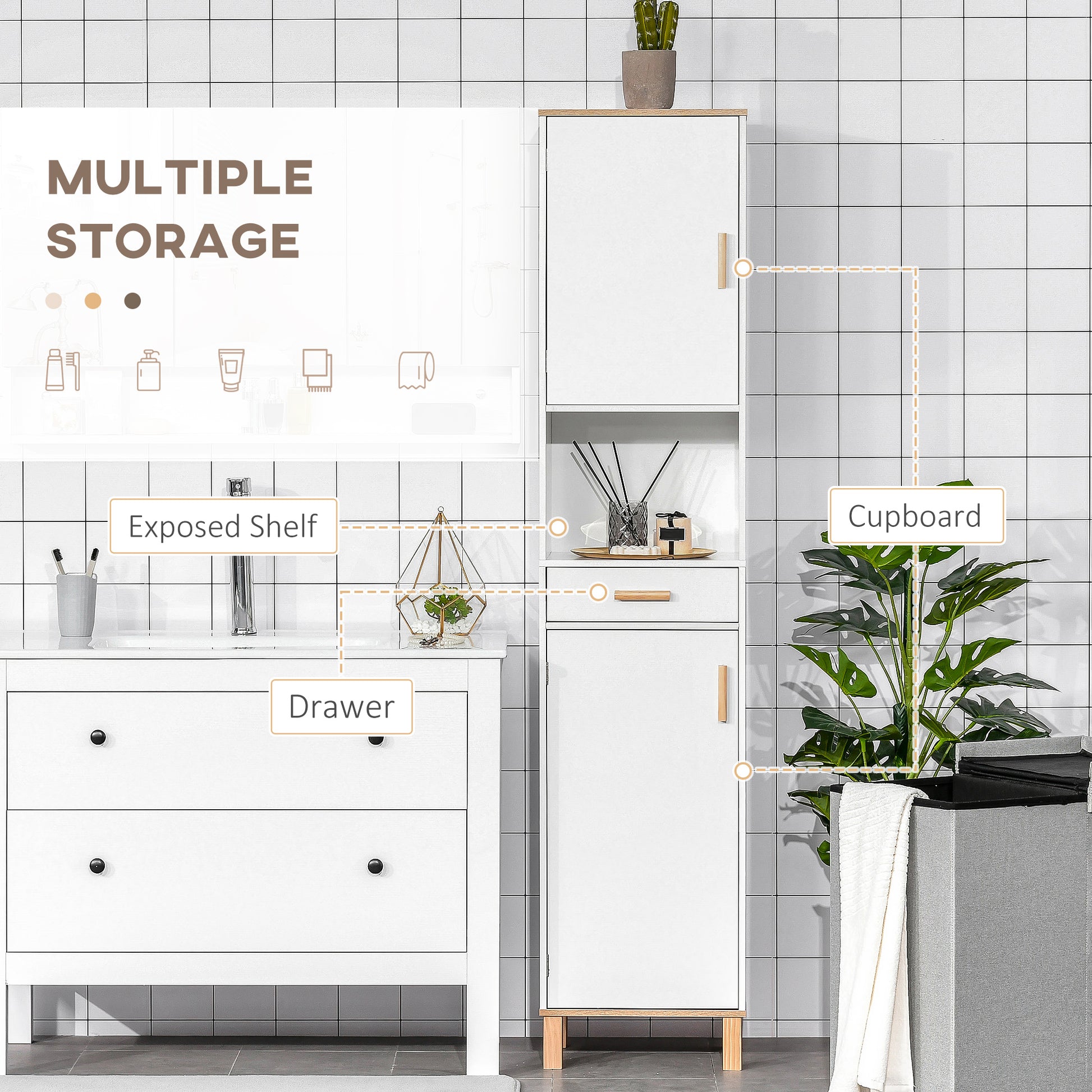Bathroom Storage Cabinet with Cupboards and Drawer, Floor Free Standing Linen Tower, Tall Slim Side Organizer Shelves, W