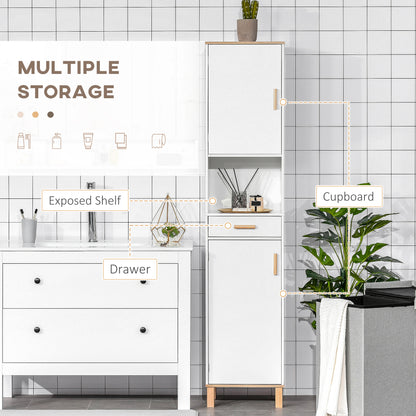 Bathroom Storage Cabinet with Cupboards and Drawer, Floor Free Standing Linen Tower, Tall Slim Side Organizer Shelves, W