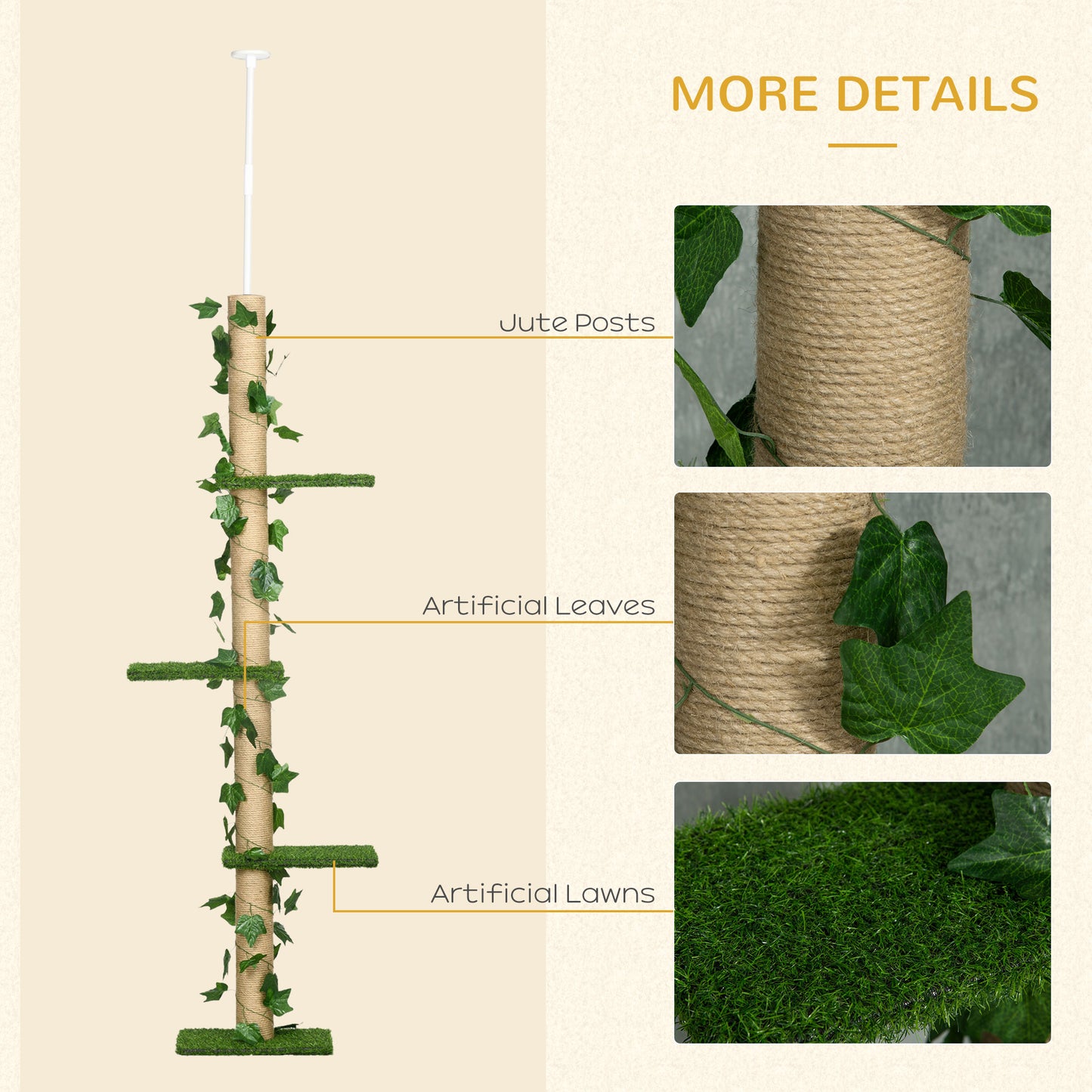 4-Tier Floor to Ceiling Cat Tree, Height(80-95Inches)Adjustable, Tall Cat Tower w/ Anti-Slip Kit, Leaves, Multi-Layer Ac