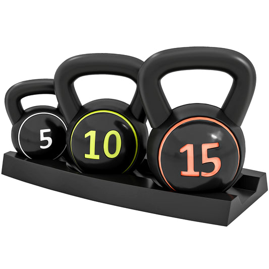 Soozier Three-Piece Kettlebell Set Weights with Storage Stand for Home Gym Weight Lifting Training, 5lbs, 10lbs, 15lbs (