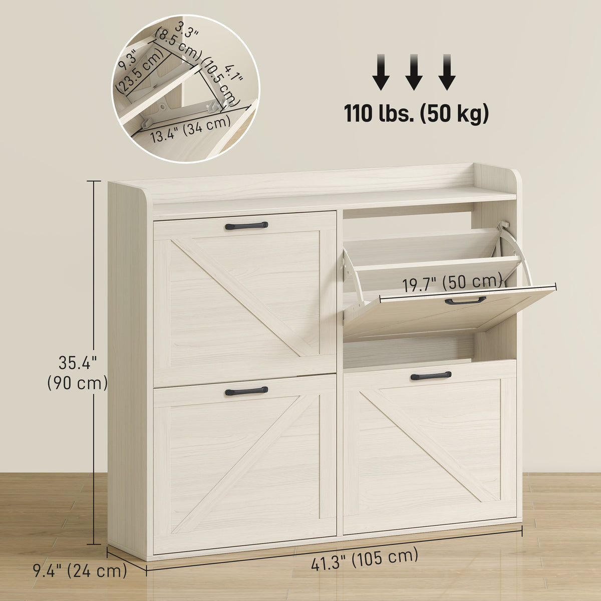 Narrow Shoe Storage Cabinet with 4 Flip Drawers, Adjustable Shelves, 16 Pair Farmhouse Shoe Cabinet, White Oak