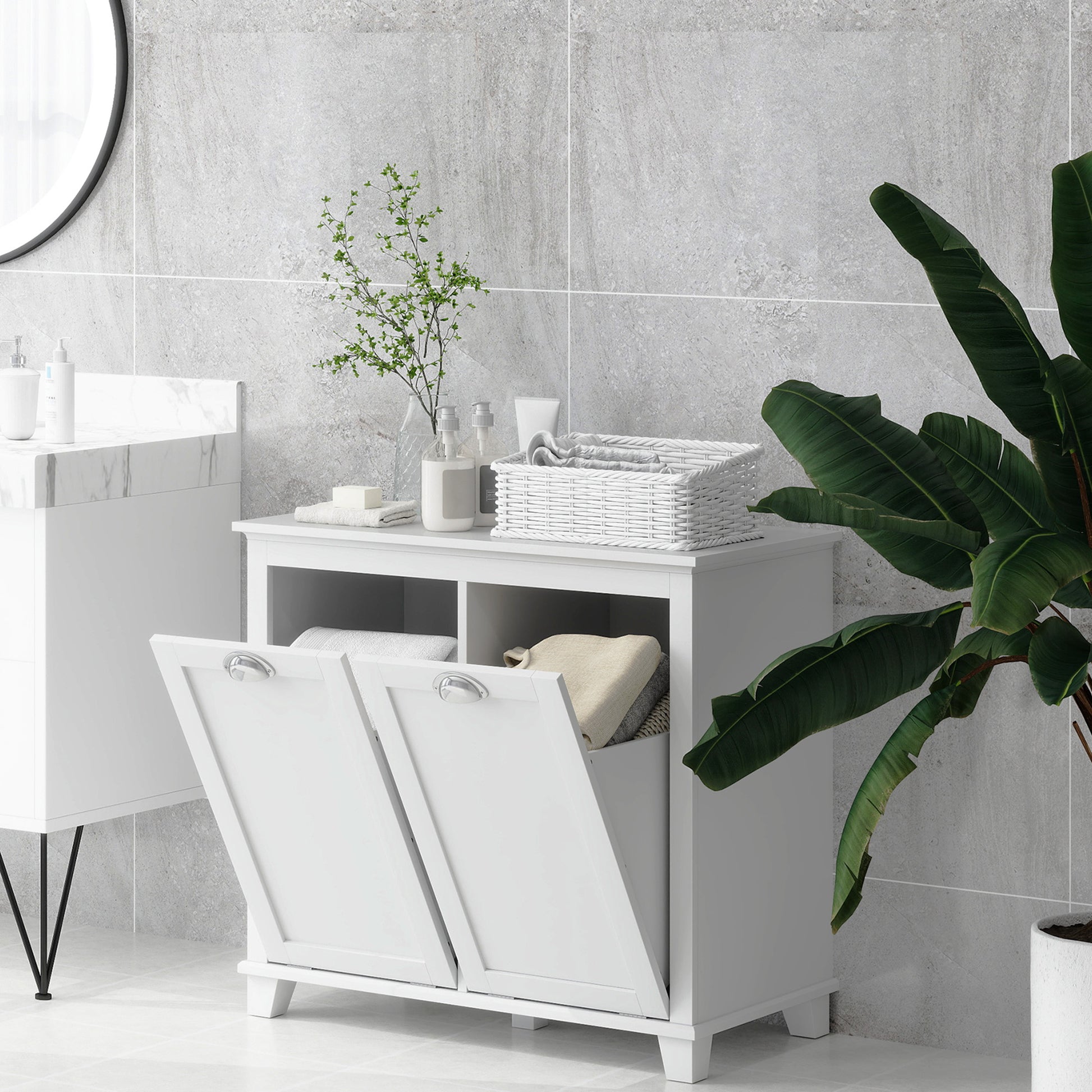 Tilt-Out Laundry Storage Cabinet, Bathroom Storage Organizer with Two-Compartment Tilt Out Hamper, White