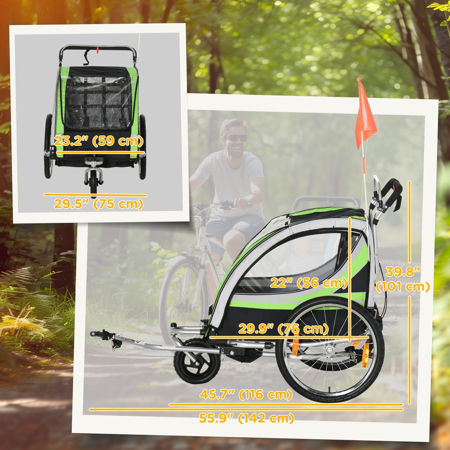 VarietyKart 2 Seat Bike Trailer for Kids 2-in-1 Double Baby Stroller with Handbrake, Rubber Wheels, 5 Point Harness, Wat