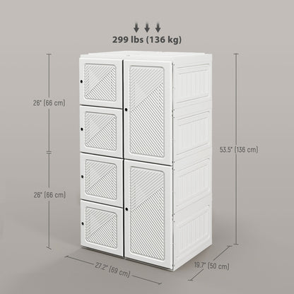 Portable Wardrobe, Foldable Storage Organzier with 5 Compartments, 1 Hanging Rod, Magnet Doors, White