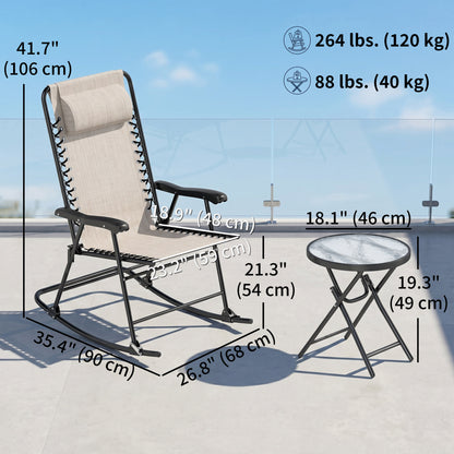 3pc Patio Rocking Chair Set, Folding Outdoor Rocking Chairs and Table Bistro Set w/ Breathable Mesh Seat & Backrest, Hea