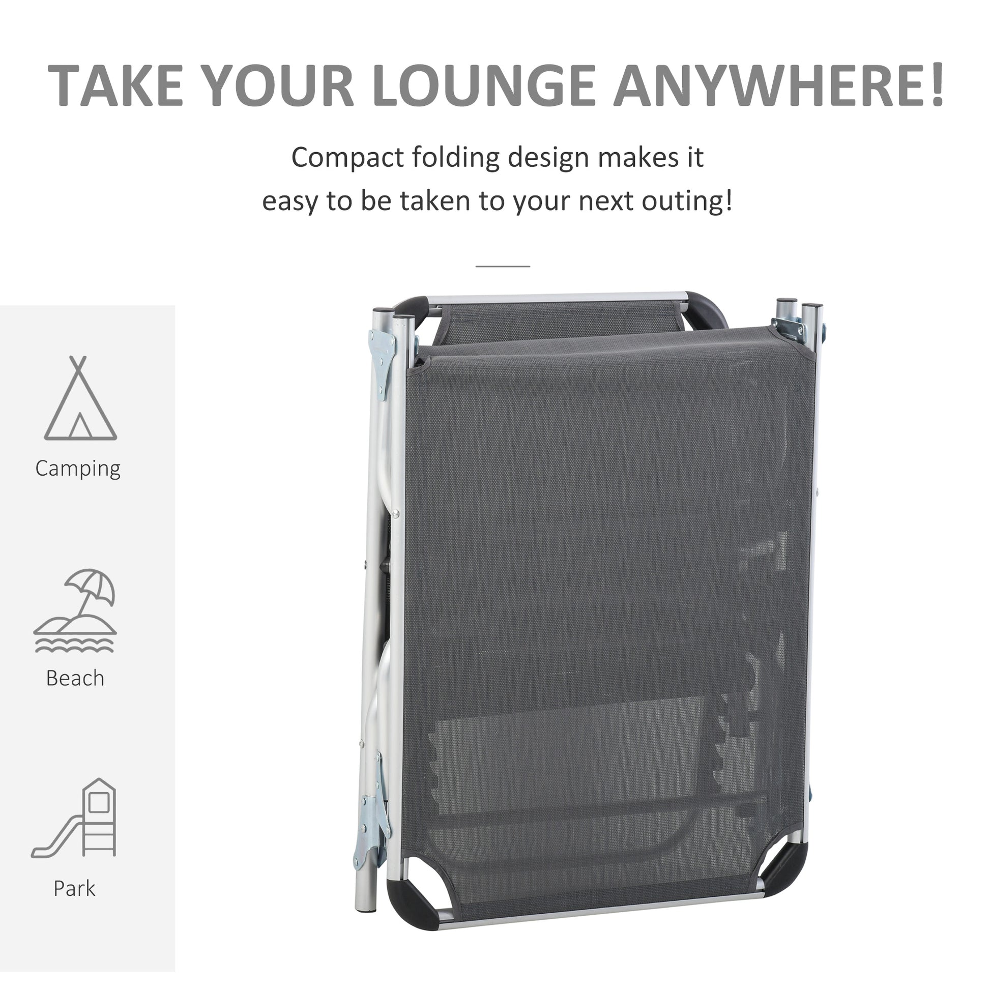 Folding Lounge Chair, Aluminum Frame Tanning Chair, Patio Lounger with Headrest, 5-Level Adjustable Backrest, Grey