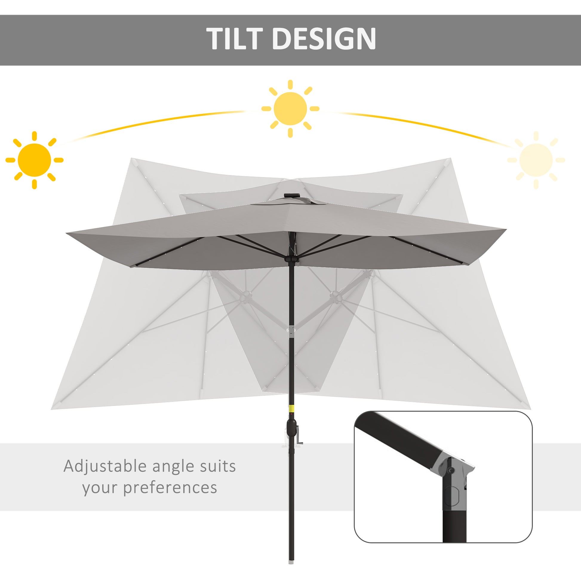 6.5x10ft Patio Umbrella Tilt Aluminum Outdoor Market Parasol with Solar Powered LEDs, Crank - Light Grey