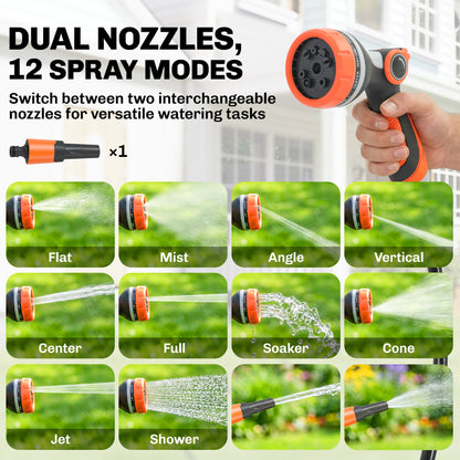 Retractable Garden Hose Reel, 1/2" x 92ft Wall Mounted Hose Reel with 12-Pattern Nozzles, Auto Retraction, Self-Locking