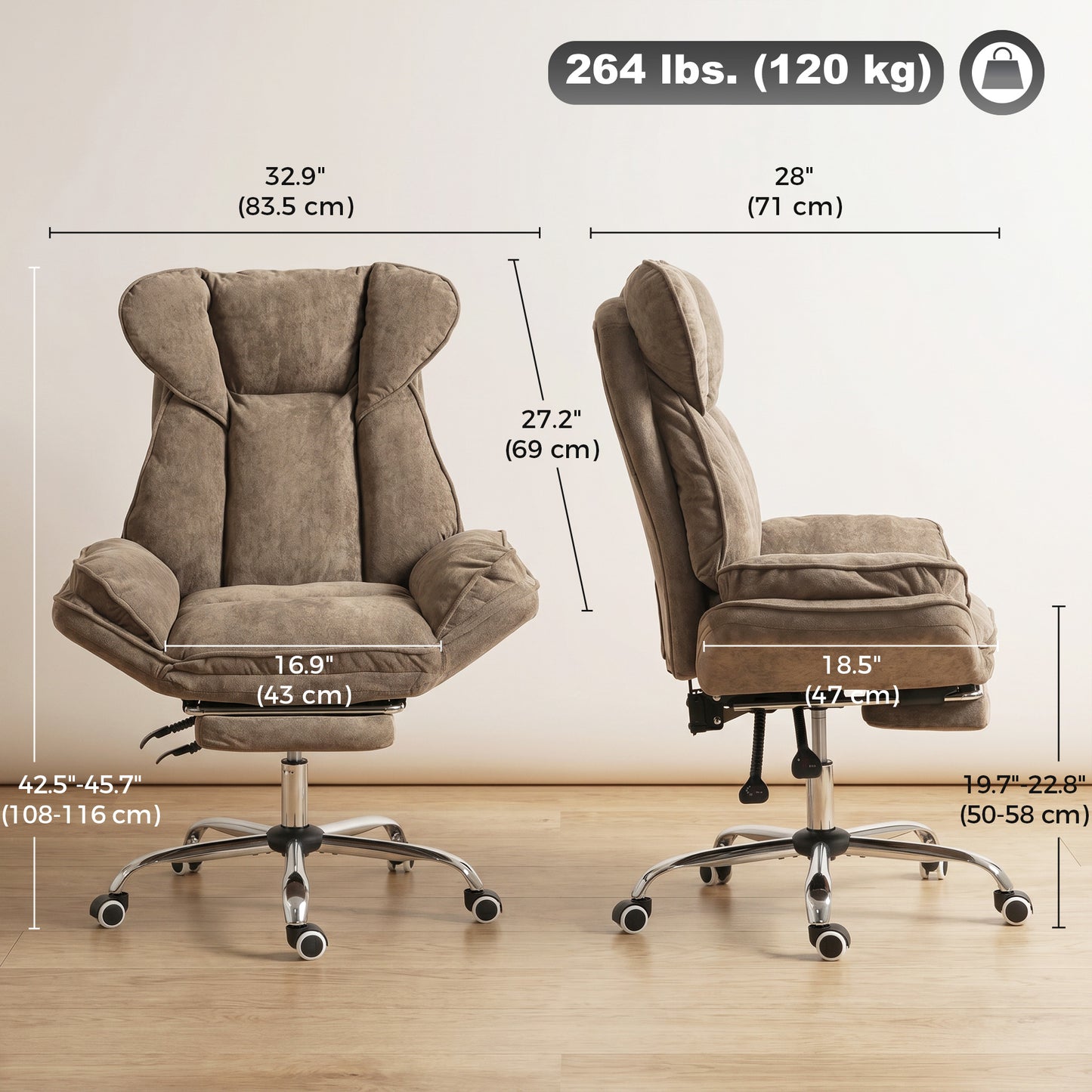 Big and Tall Office Chair Footrest Executive Desk Chair High Back Snowflake Velvet Reclining, Brown