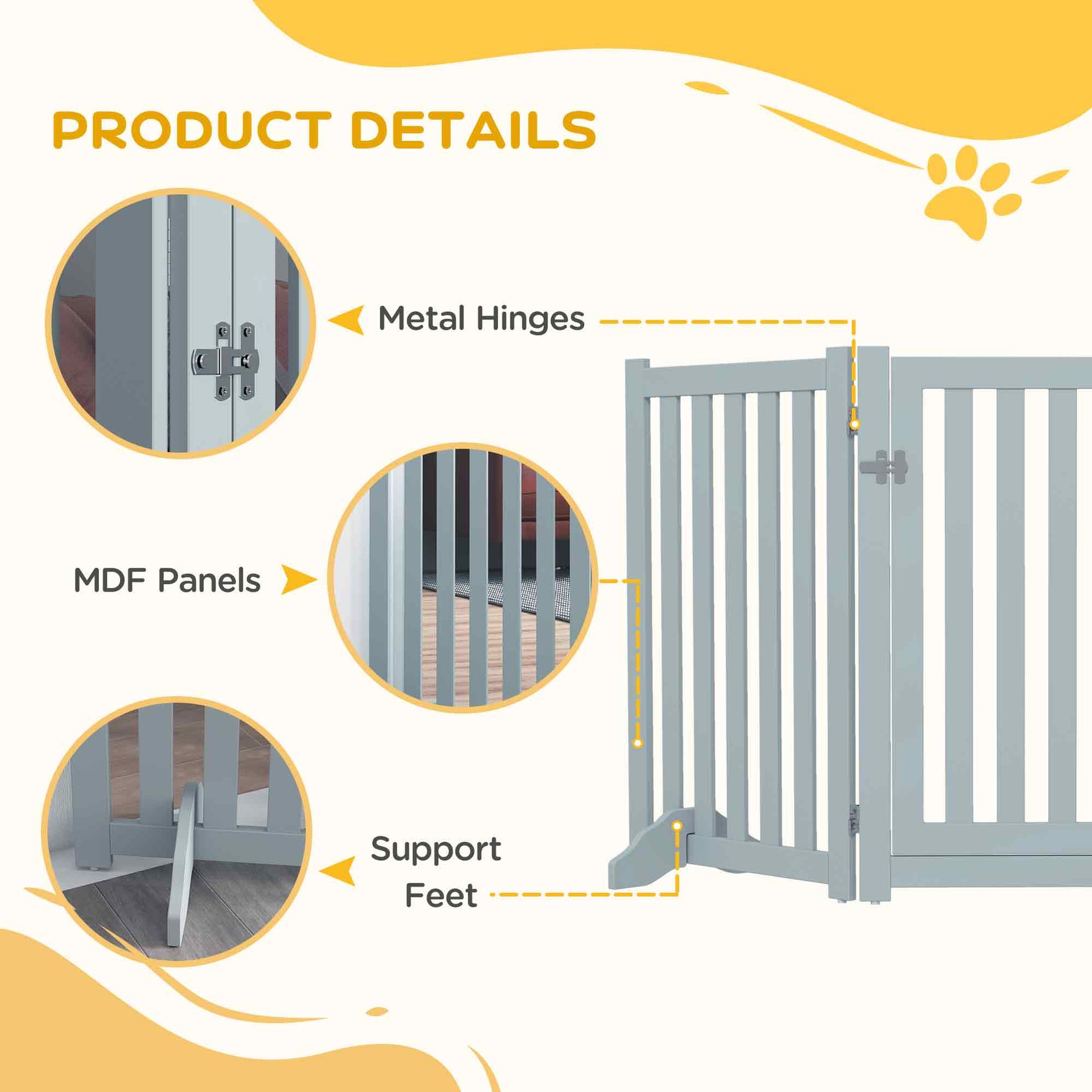 3-Panel Foldable Dog Gate with Feet for Medium Dogs and Below, Grey