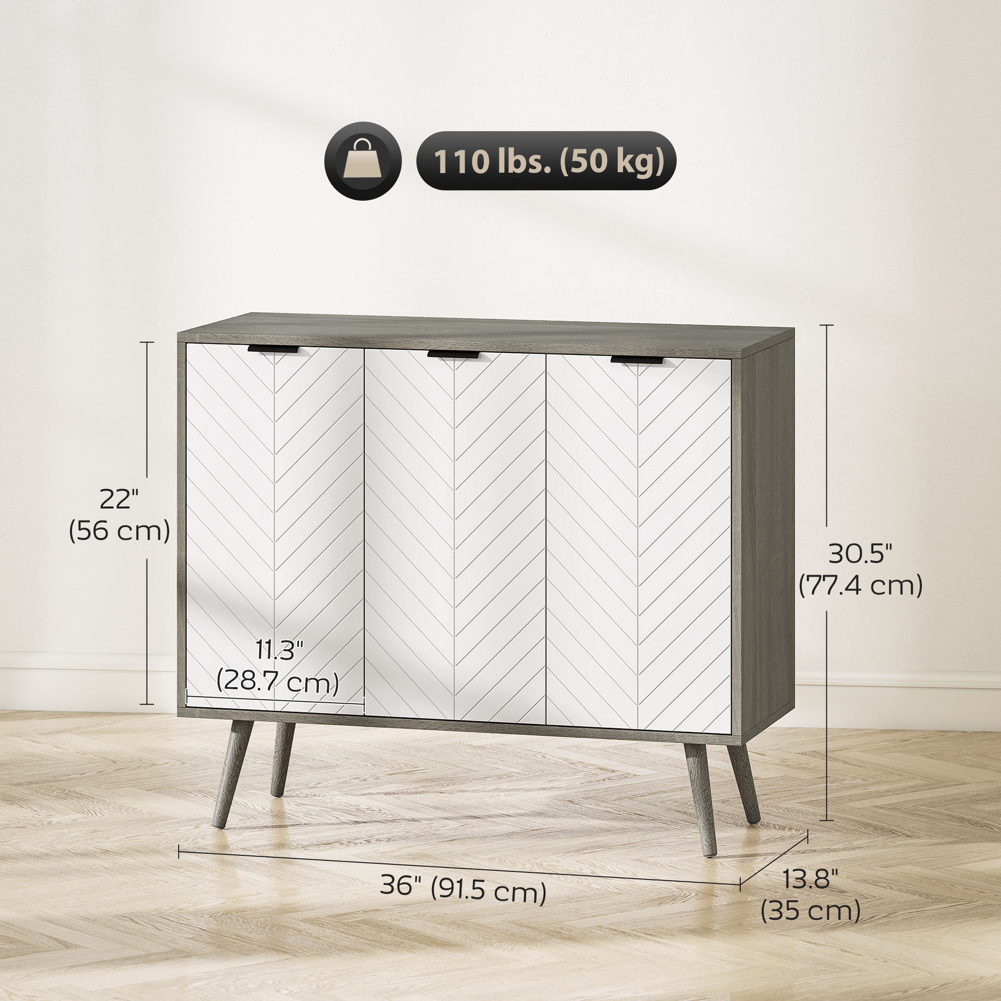 Modern Sideboard and Buffet, Dining Room Cabinet with Adjustable Shelves and 3 Doors, Grey