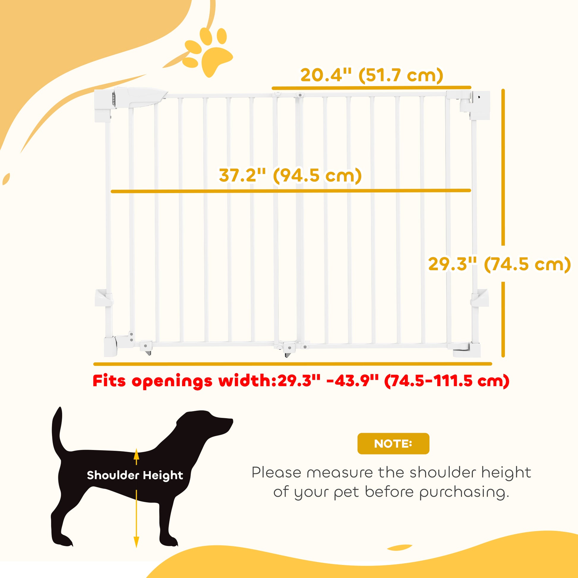 29"-44" Wide Dog Gate, 29" H, Pet Gate with Auto-Close, Single Hand Operation, Wall-Mounted, No-Threshold Design
