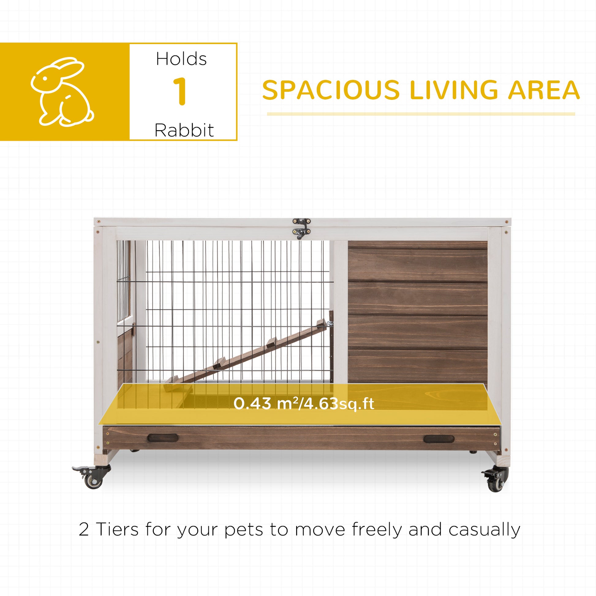 Wooden Indoor Rabbit Hutch Elevated Bunny Cage Habitat with Enclosed Run with Wheels, Ideal for Rabbits and Guinea Pigs,