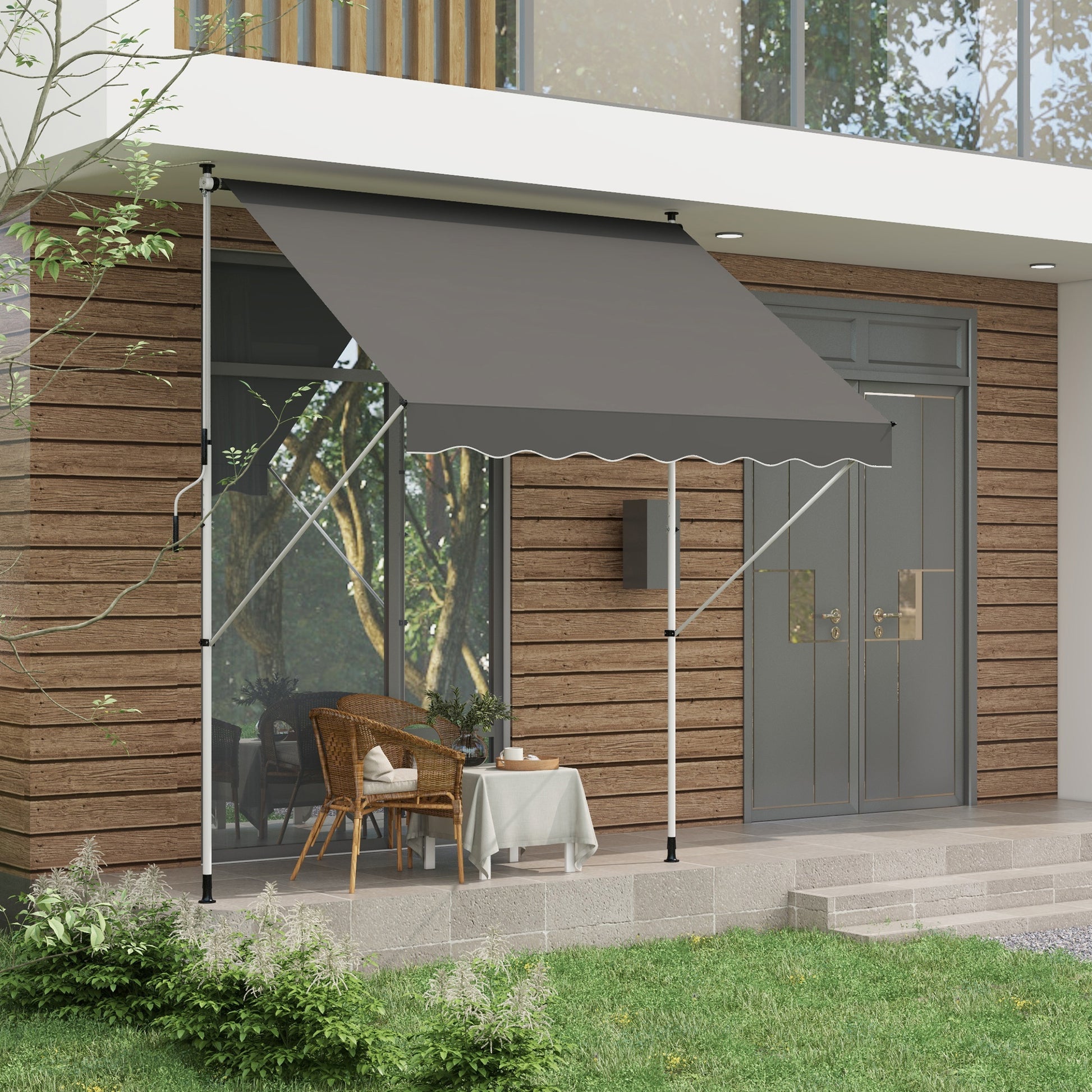 10x5ft Manual Retractable Awning, Patio Sun Shade Canopy Shelter with 5.6-9.2ft Support Pole, Water Resistant UV Protect