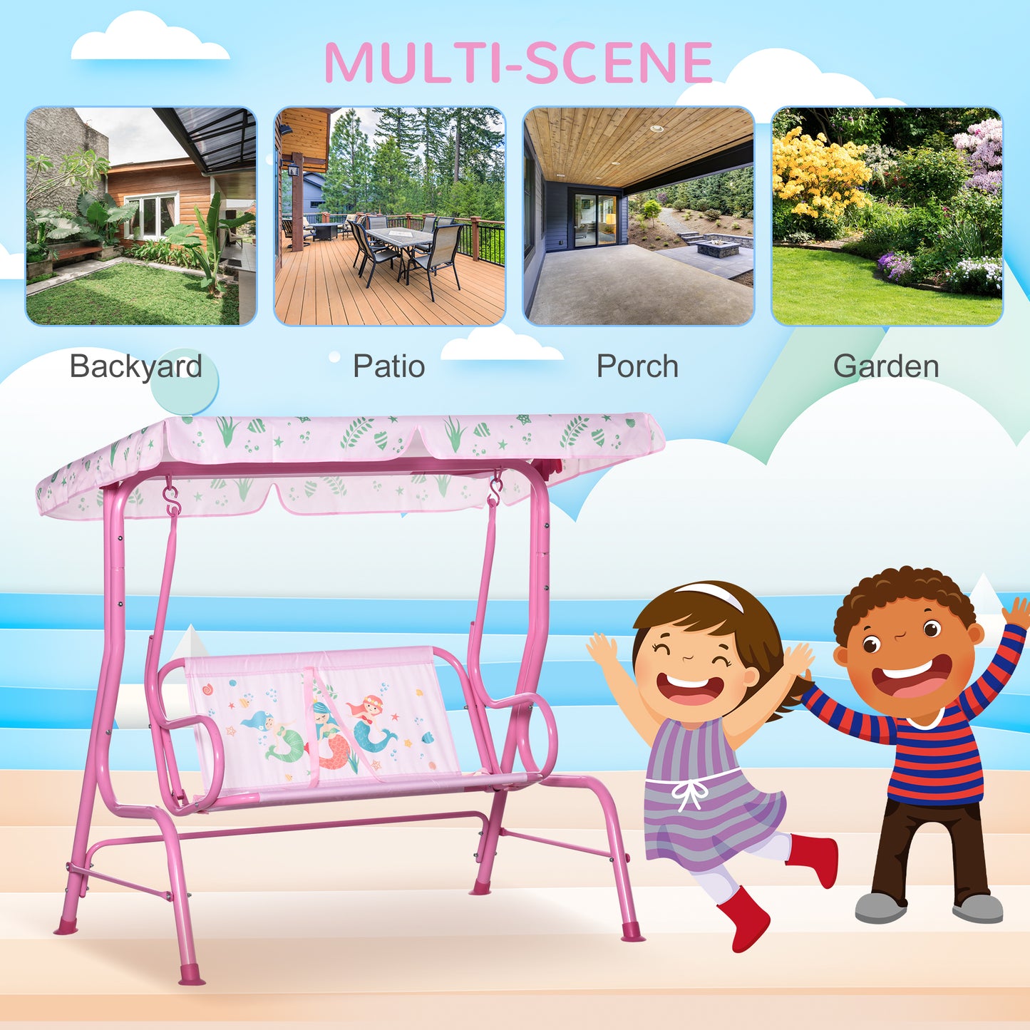 2-Seat Kids Porch Swing Chair, Children Outdoor Patio Furniture Lounge Chair for Garden, with Adjustable Canopy, Seat Be