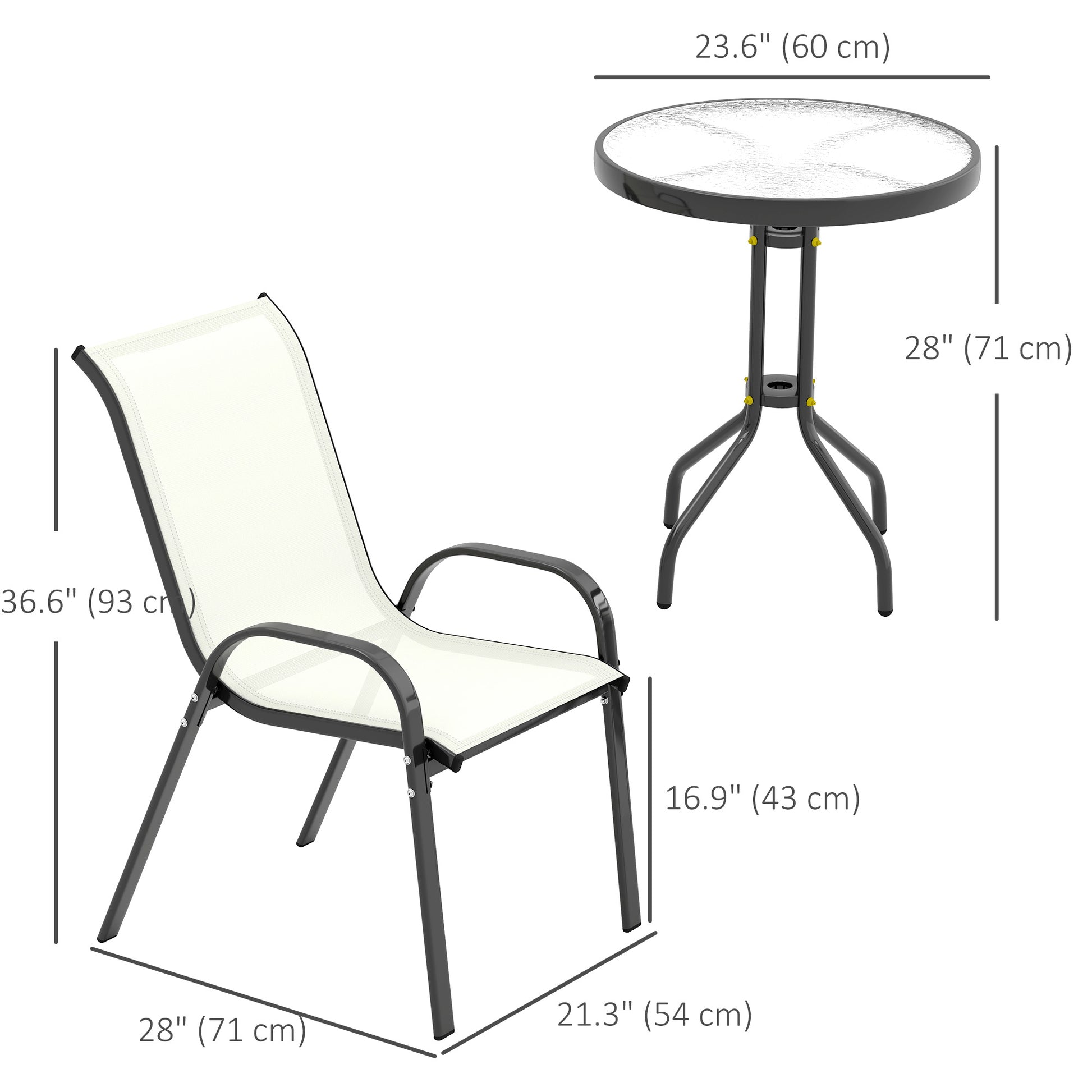 3 Pieces Bistro Set, Small Patio Furniture Set with Stackable Mesh Chairs, Glass Table for Garden, Balcony, Beige