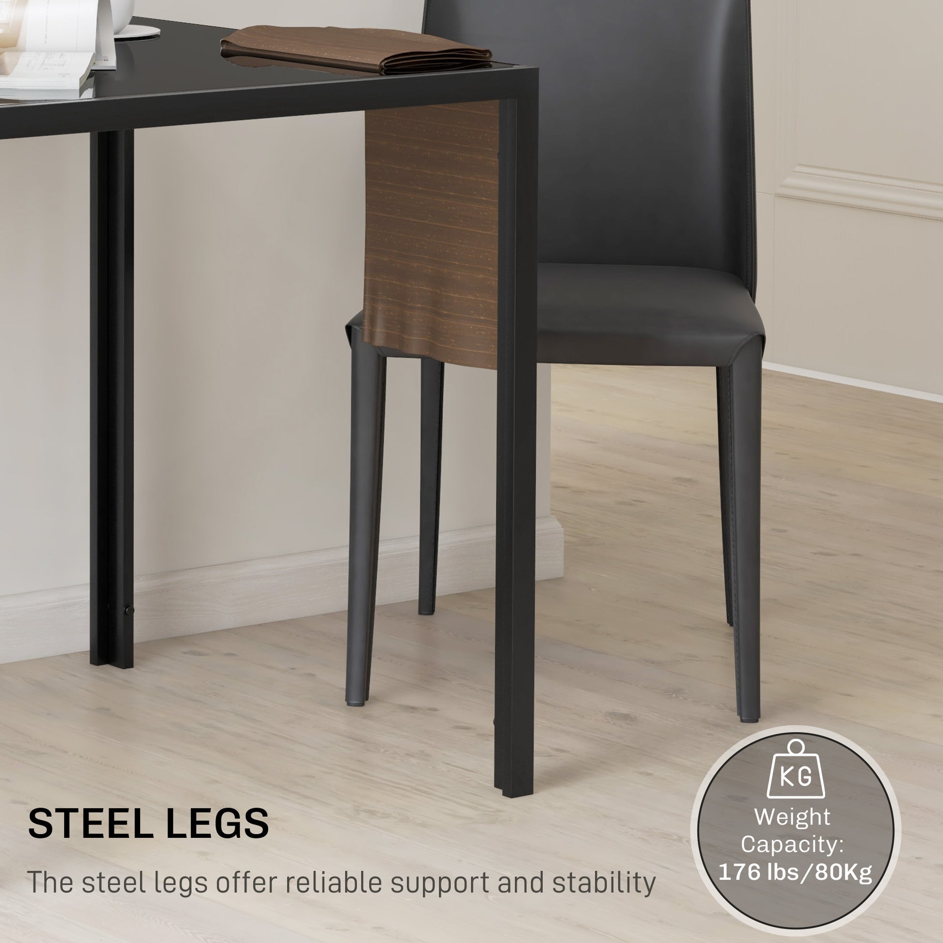 Square Kitchen Table for 2-4 People, Dining Table with Glass Top and Steel Legs for Dining Room, Black
