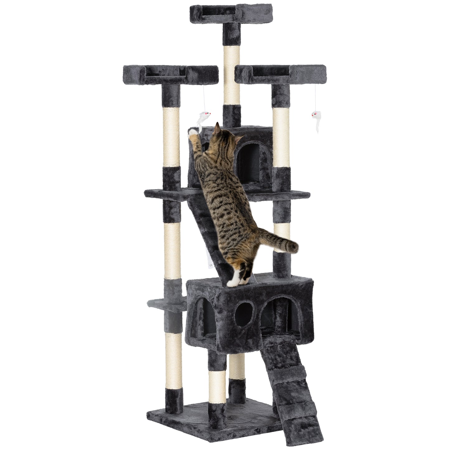 68" Multi-Level Cat Scratching Tree with 3 Perches & 2 Condos, 4 Tier Kitty Activity Center with Ladders & Dangling Toys