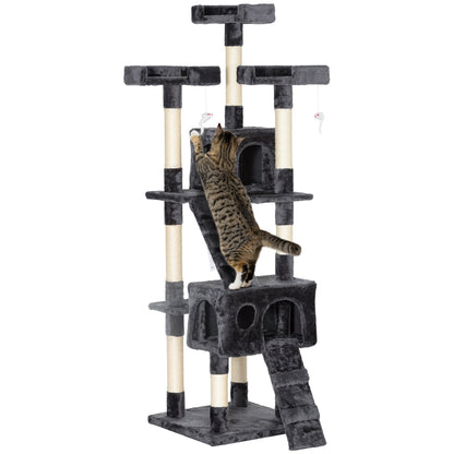 68" Multi-Level Cat Scratching Tree with 3 Perches & 2 Condos, 4 Tier Kitty Activity Center with Ladders & Dangling Toys
