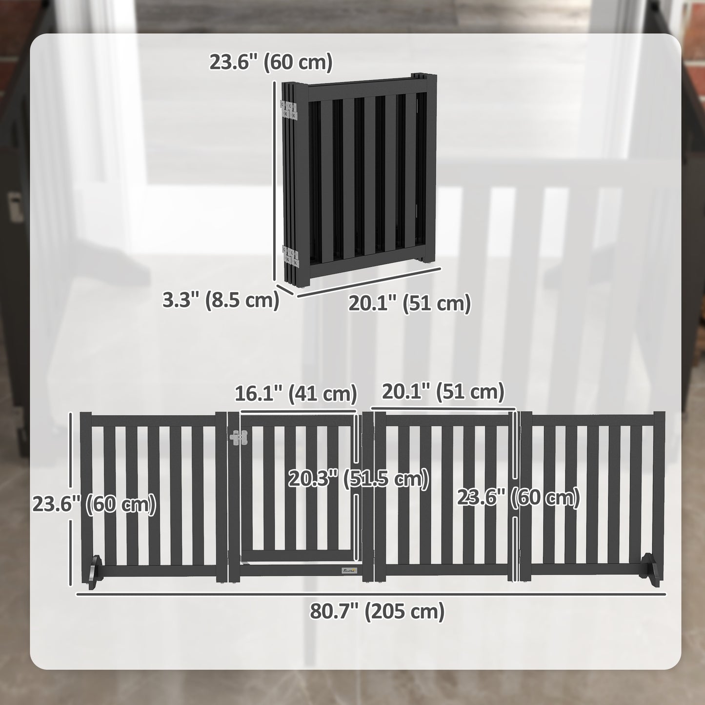 Foldable Dog Gate with Door, 4 Panels Fressstanding Pet Gate, Black