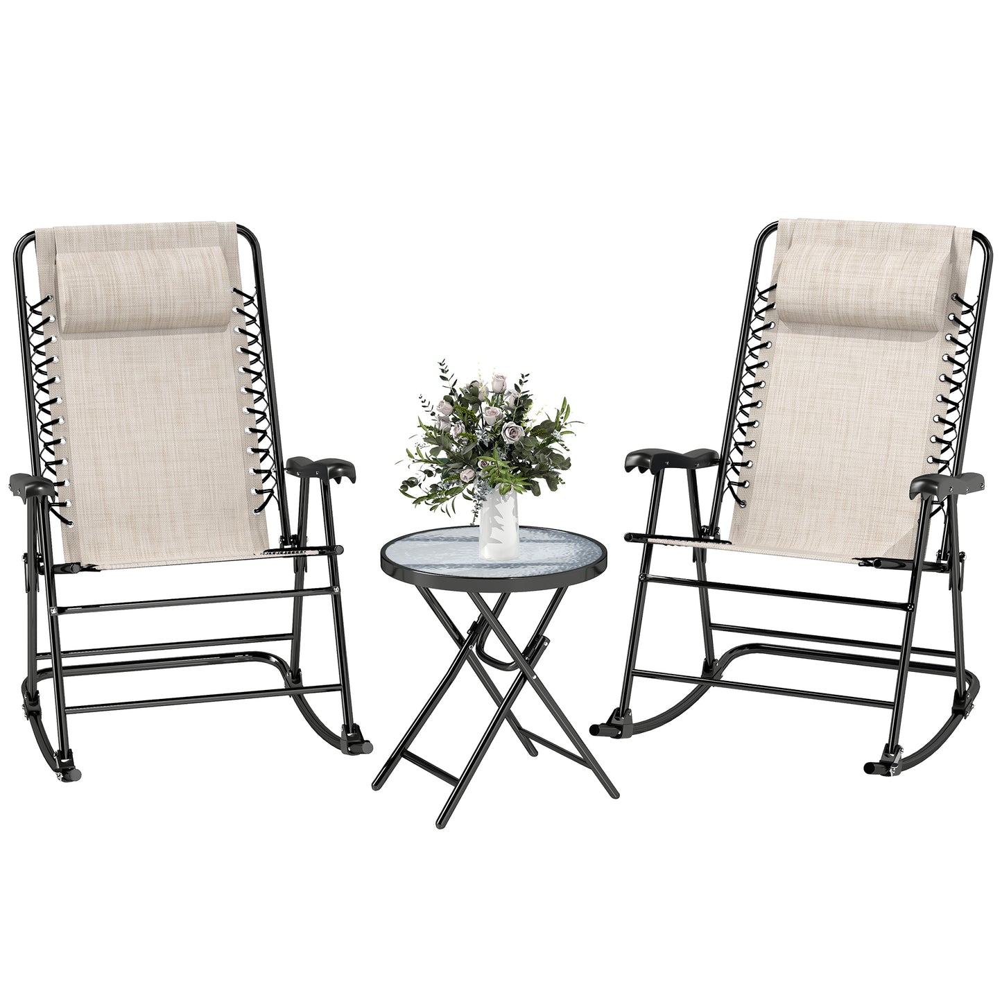 3pc Patio Rocking Chair Set, Folding Outdoor Rocking Chairs and Table Bistro Set w/ Breathable Mesh Seat & Backrest, Hea
