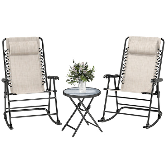 3pc Patio Rocking Chair Set, Folding Outdoor Rocking Chairs and Table Bistro Set w/ Breathable Mesh Seat & Backrest, Hea
