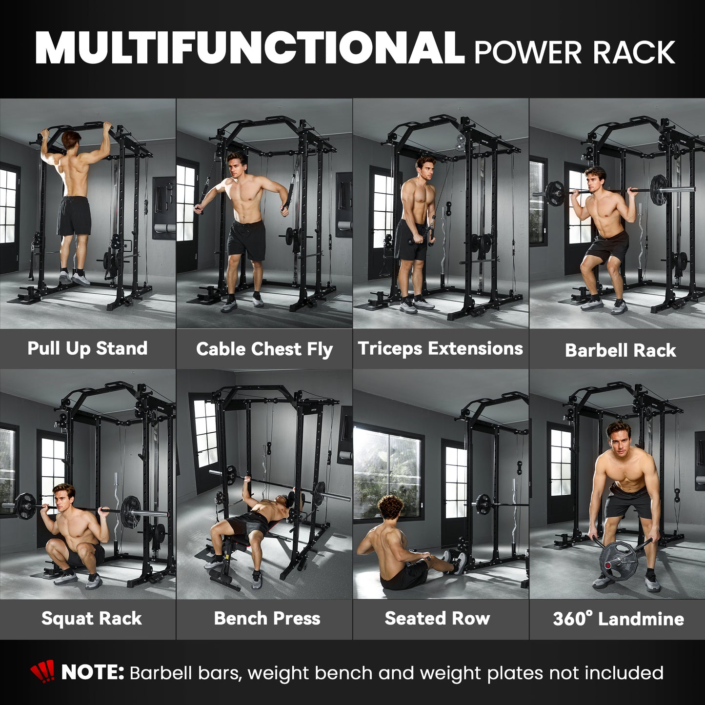 Soozier Multi-Functional Power Rack, Smith Machine Cable Crossover System with Pull Up Bar, Lat-Pull Down System, Landmi