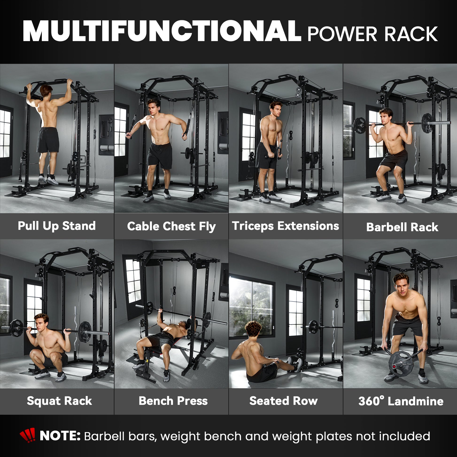 Soozier Multi-Functional Power Rack, Smith Machine Cable Crossover System with Pull Up Bar, Lat-Pull Down System, Landmi