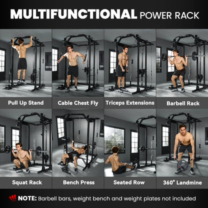 Soozier Multi-Functional Power Rack, Smith Machine Cable Crossover System with Pull Up Bar, Lat-Pull Down System, Landmi