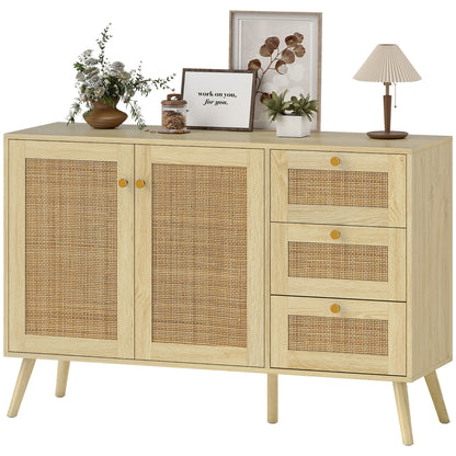 47" Buffet Cabinet with Soft-Close Doors, Rattan Sideboard with Drawers, Adjustable Shelf and Wooden Legs, Natural