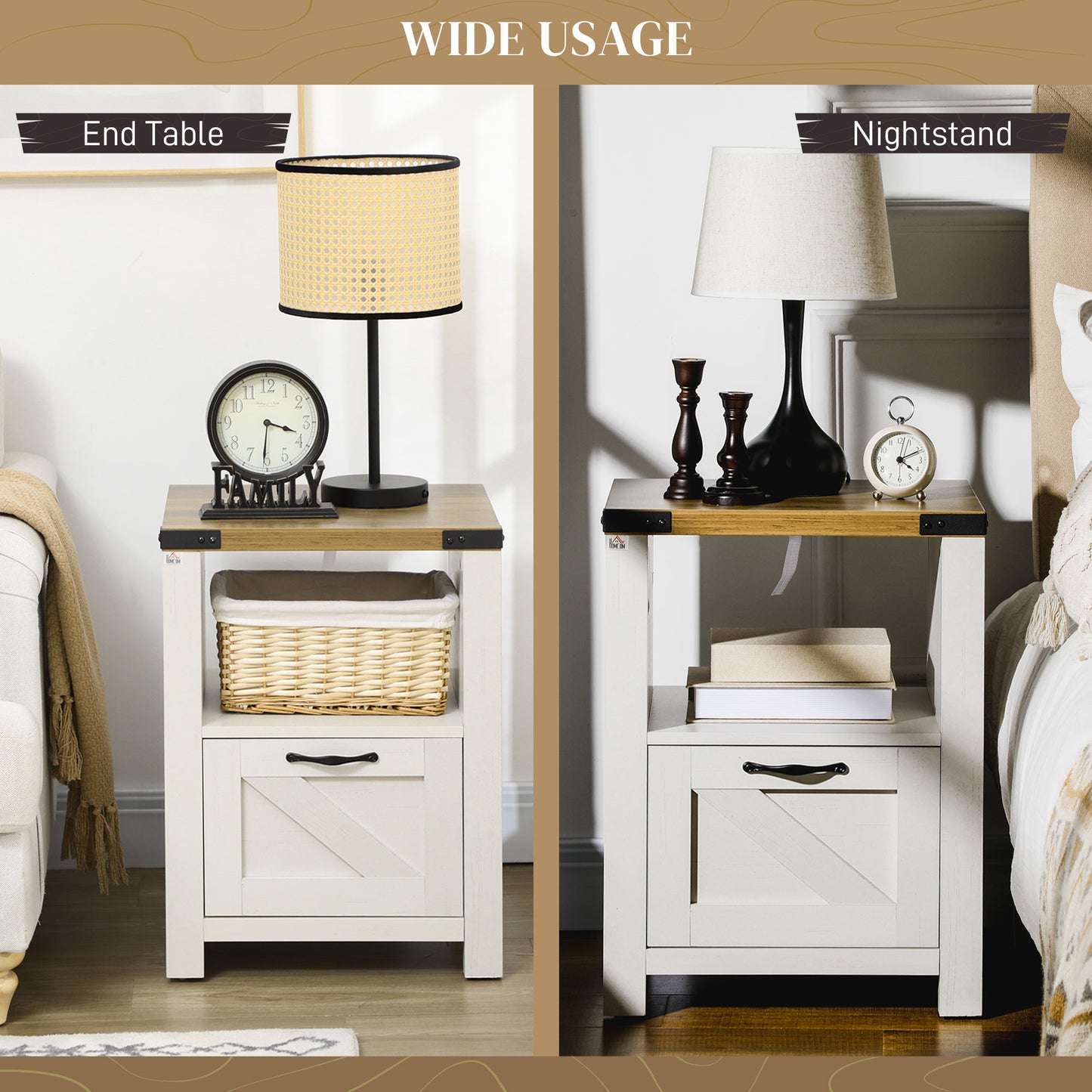 Side Table with Storage, Farmhouse End Table with Drawer, Open Shelf and Barn-style Panel, Nightstand for Living Room, B