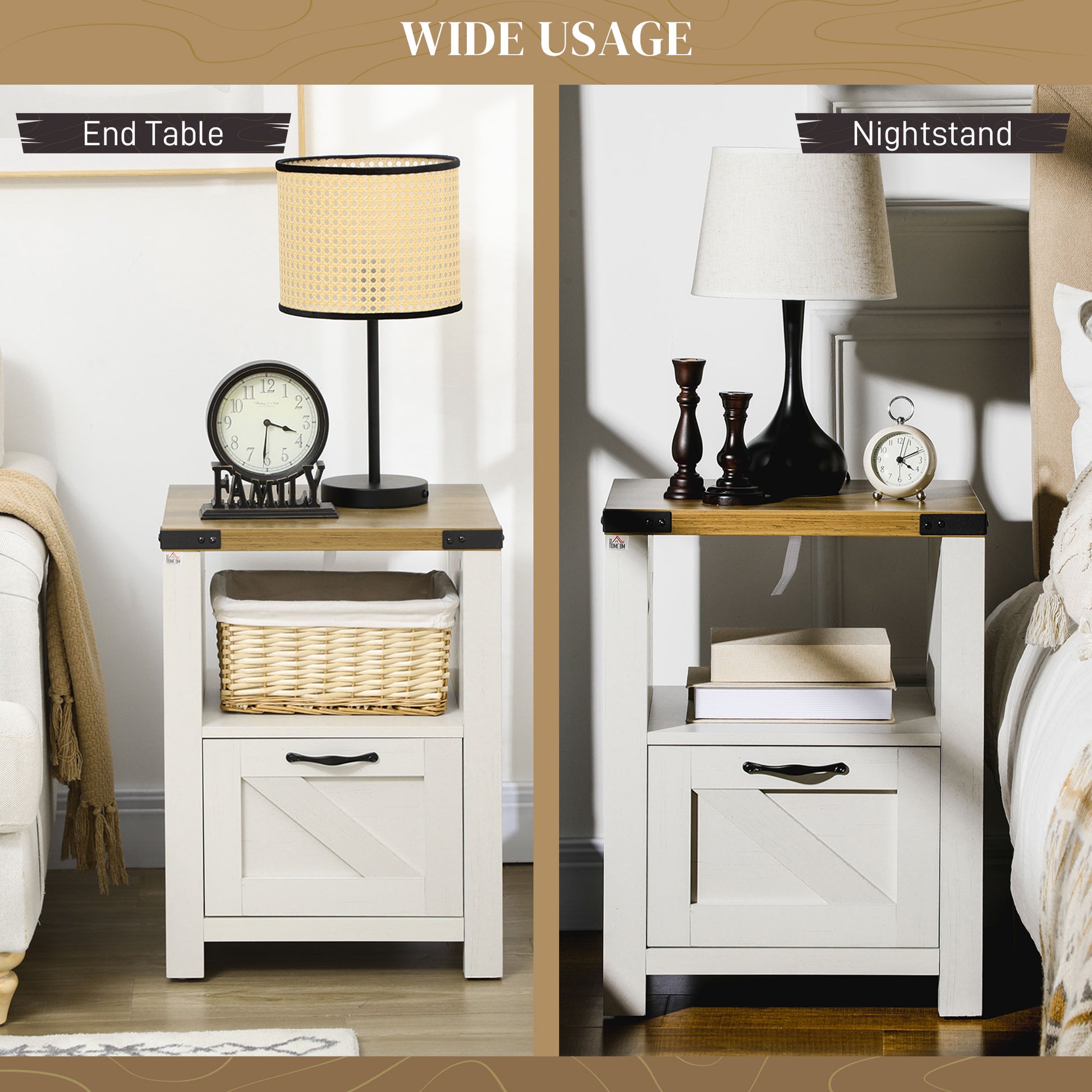 Side Table with Storage, Farmhouse End Table with Drawer, Open Shelf and Barn-style Panel, Nightstand for Living Room, B