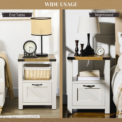 Side Table with Storage, Farmhouse End Table with Drawer, Open Shelf and Barn-style Panel, Nightstand for Living Room, B