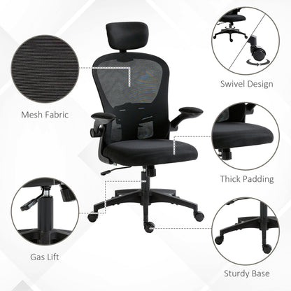 Office Chair, Mesh Computer Desk Chair with Adjustable Headrest, 4D Lumbar Support, Flip-up Arm, Black
