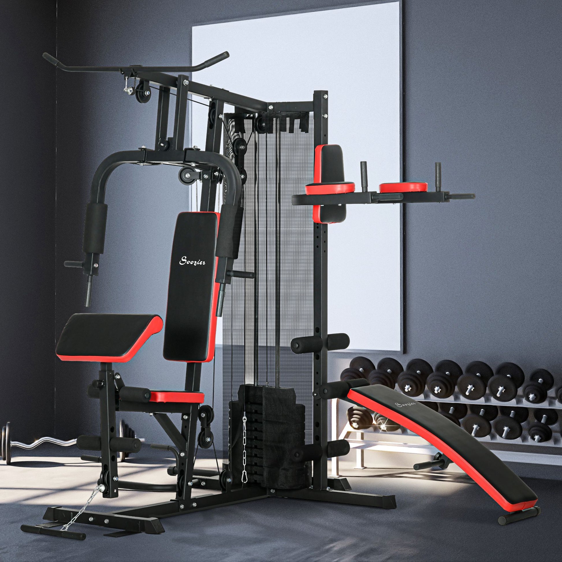 Soozier Multi Home Gym Equipment, Workout Station with Sit up Bench, Push up Stand, Dip Station, 143lbs Weights